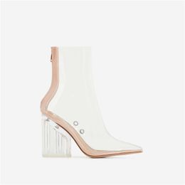 Vente chaude-SARAIRIS Nouvelle Grande Taille 35-43 TPU Bout Pointu Transparent Carré Talons Hauts Zip Chaussures Femme Casual Fête Printemps Automne Bottines