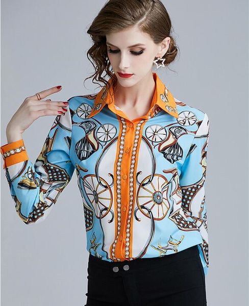 Offre spéciale écharpe imprimé orange bleu femmes blouse carrière femmes printemps slim fit dames chemise travail carrière blouses