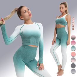 New Seamless Yoga Outfits Femmes Yoga Set Workout Sportswear Femme Gym Vêtements Fitness À Manches Longues Crop Top Taille Haute Leggings Costumes De Sport
