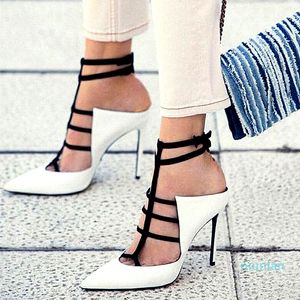 Hot Koop-Sexy Zwart Wit T Strappy Puntige Teen Hoge Hakken Designer Pumps Office Lady Werkschoenen 12cm Maat 35 tot 40