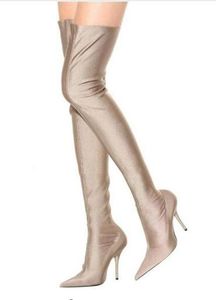 Hot koop-sexy roze paars zwart hoge hakken over de knie satijn vrouwen laarzen stretchy sok booties dij hoge laarzen stiletto's