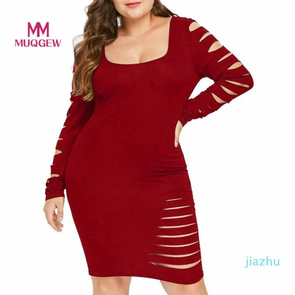 Venta caliente Sexy Plus Tize Mujer Vestido de mujer Slim Fit Vestido de Bodycon de manga larga Elegante Escalera Escalera Cortar Sleeve Ripped Vestido Envío gratis