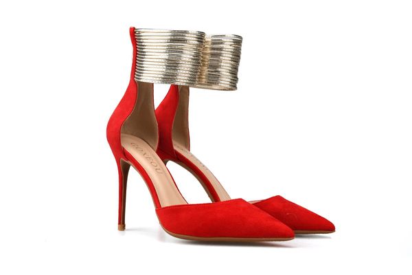 Vente chaude-Sexy chaussures habillées à bout pointu marque designer creux 8cm 10cm pompes à talons aiguilles en daim rouge noir grande taille 35-42