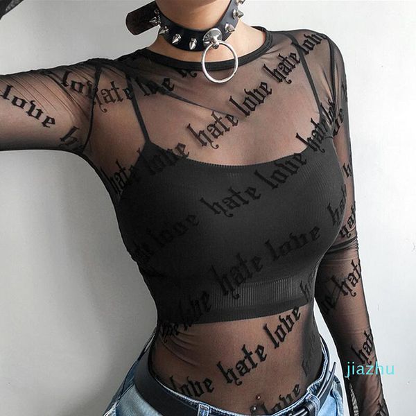 Vente chaude Sexy Femmes Maille T-Shirts Transparent Perspective T-shirt Lettre Imprimé O Cou Transparent À Manches Longues T-shirt Hauts Femmes