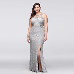 Hot Sale Shede Full Lace Prom Dresses Jewel Neck Cutaway Sides Split Cocktailjurken Vloerlengte Plus Size Avond Feestjurk