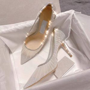 Vente chaude-Brillant respirant dentelle talons hauts fine avec femmes pompes sexy maille femme chaussures d'été pointues chaussures de mariage de mariée 8 cm