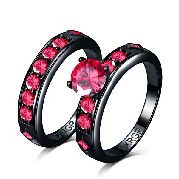 Offre spéciale brillant rouge bague rouge grenat femmes charmant Bijoux de mariage noir or rempli couple bague ensemble Bijoux Femme mâle