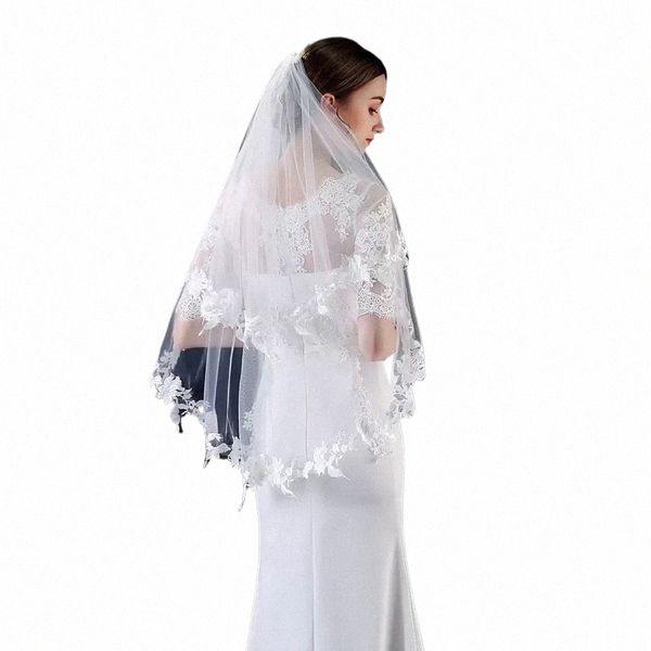 Vente chaude Court Pas Cher Deux Couches De Mariage Voiles Dentelle Appliques Voile De Mariée Mariée Boda Velo De Novia M5mA #