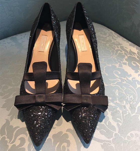 Gran oferta-zapatos de boda nupciales sexis plateados para mujer, decoración de lentejuelas ostentosas, pajarita, puntiagudos, tacones de gatito brillantes