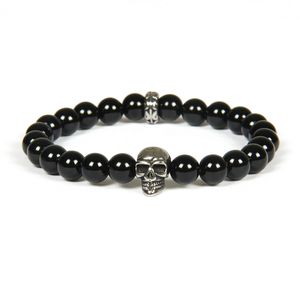 Hot koop zilver roestvrijstalen schedel armband groothandel 10 stks / partij kleur houden kralen armbanden met 8mm natuurlijke onyx stenen kralen