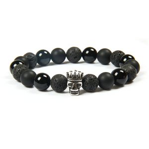 Hot koop zilveren titanium stalen kroon schedel armband groothandel 10 stks / partij kleur houden beaded armbanden met 10 mm natuursteen kralen