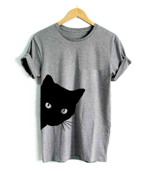 Gran oferta, talla S a 2XL, camiseta de manga corta ajustada con cuello redondo y estampado de gato encantador para mujer, negro, blanco, gris y rosa