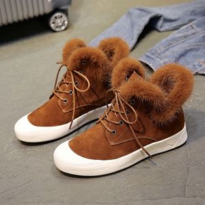 Hot Sale-Snow Boots 2019 Nieuwe Lederen Enkellaarzen Warm Winter Vrouw Zwart Bruin Schoenen Vrouwelijke Veterschoenen Sneaker Zwarte Schoenen