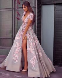 Hot Koop Split Side Prom Dresses Beaded Deep V-hals 3D Geappliceerd Avondjurken Vestidos de Fiesta Sweep Train A-Line Beaded Formal Dress
