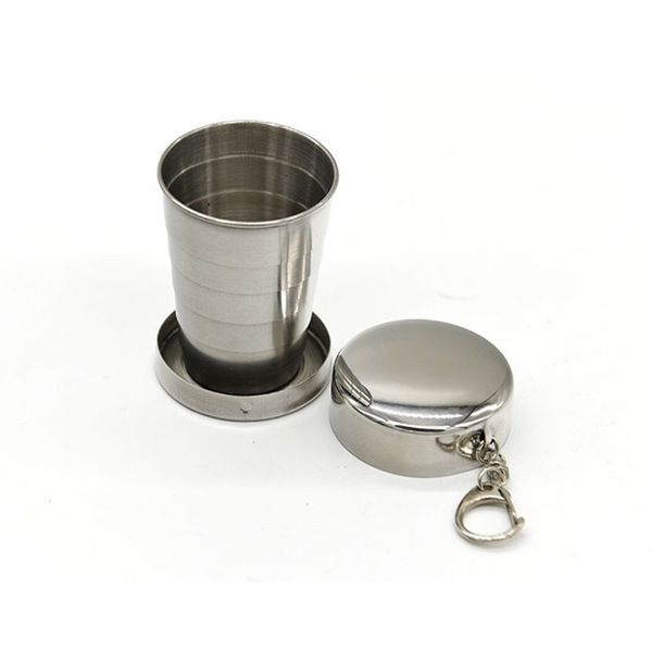 Venta caliente de acero inoxidable portátil de viaje al aire libre que acampa plegable plegable taza plegable 75 ml de metal telescópico llavero tazas DHL gratis