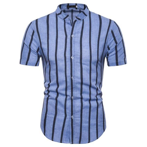 Offre spéciale col montant rayures verticales chemise pour hommes coton lin chemises hommes à manches courtes Blouse mâle été