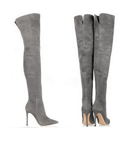 Vente chaude-suède sur les bottes au genou femmes talon haut mince cuissardes gris marron noir rouge genou botte haute grande size35-43