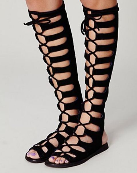 Hot Sale-Summer Casual Long Sandal Boots Cross Tie Flat Sandals Bohemia Gladiator Strappy Shoes Lace Up Knee-High Flat Sandal Boots Femmes