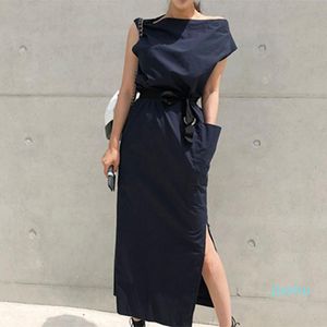 Hot Koop Zomerjurken Voor Vrouwen Sexy Slash Hals Zoom Split Grote Zak Taille Lace Up Slanke Jurk Vrouwelijke Koreaanse Mode Tij