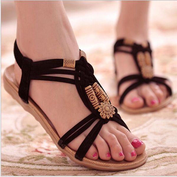 Vente chaude-mode d'été tongs femmes sandales de plage chaîne perle noir bandes élastiques chaussures plates gladiateur Sandalias Mujer pour femmes