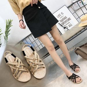 Hot Sale-Summer Will Crossing Bandage Niveau de lin avec des sandales Femme Couleur unie Fond plat Rome Chaussures, Fishmouth, Shoe Moisture