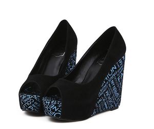 Venta caliente-Dulce azul marino rayas blanco cuña zapatos peep toe plataforma cuñas zapatos de charol negro 2 colores tamaño 35 a 39