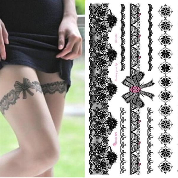 Gran oferta tatuaje temporal a prueba de agua pegatina para mujer Sexy negro boda pulsera joyería encaje QC8503