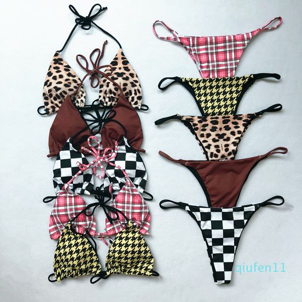 Venta caliente: la nueva impresión multicolor en Europa y América modelos de explosión bikini traje de baño pata de gallo corbata a cuadros bikini de leopardo