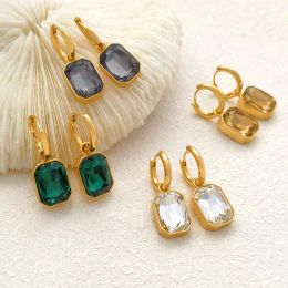 Gran oferta, pendientes cuadrados de oro amarillo de 14k con cristal blanco y verde para mujer, pendientes con dijes, joyería de moda