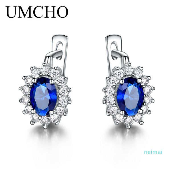 Vente chaude UMCHO Solide 925 Sterling Silver Gemstone Clip Boucles D'oreilles pour Femmes Blue Sapphire Fine Jewelry Wedding Engagement Valentine's Gift