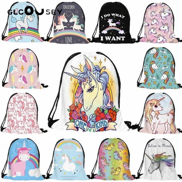 Vente chaude Unicorn 3D Prince numérique Femmes DrawString Pocket Sac à dos Femme Sac à cordon de haute qualité Sacs de licorne mignonnes I2SW # #