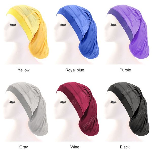 Offre spéciale unisexe ouvert large bande élastique Satin poche Bonnet soyeux dreadlock tresses baggy casquette hommes femmes Long cylindre bonnet de couchage