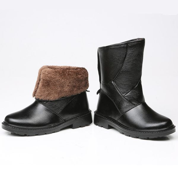 Vente chaude-US5-10 cuir véritable tirer sur imperméable Super chaud mi-mollet neige bottes hommes hiver en plein air en peluche coton chaussures