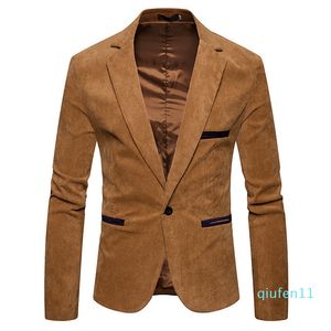 Hot Sale-V nek nek lange mouw heren corduroy blazer mode single knop solide kleur heren pakken jas veer mannelijke kleding