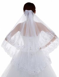 Vente chaude velos de novia 2 couches dentelle en dentelle à bord de perle doublé de doigt la longueur des paillettes de mariée Vele de mariage avec peigne o4iy #