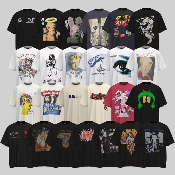 Venta caliente Ropa de diseñador vintage Hombres Camisetas Envejecido Lavado Suelto Espuma de gran tamaño Alfabeto Imprimir Iglesia Cruz Cuello redondo High Street Hip Hop Mujeres Retrato Camisetas gráficas