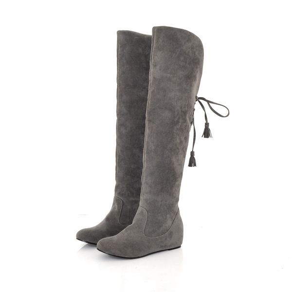 Venta caliente-Nuevas botas cálidas de cuero aterciopelado para mujer Botas por encima de la rodilla con cordones Botas de nieve de invierno Zapatos de aumento de altura Tamaño grande 35-43