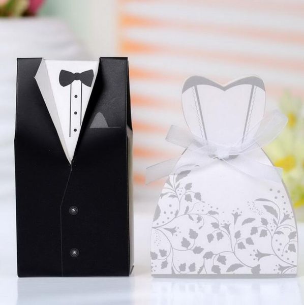 Venta caliente Caja de Dulces de Boda Novia Novio Barato Buena Calidad Favor de Boda Nupcial mejores Cajas de Regalo 100 pares / 200 piezas Vestido de Esmoquin LX2323