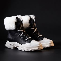 Venta caliente-WETKIS Plataforma de piel de oveja Botines de mujer Calzado de punta redonda Botas de nieve de piel para mujer Zapatillas de deporte casuales Zapatos Mujer Invierno