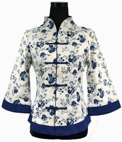 Chaquetas de mujer Blanco Azul Vintage Chino Chaqueta de lino para mujer Ropa Abrigo Flores Tallas grandes S M L XL XXL XXXL 4XL 5XL 2218-21