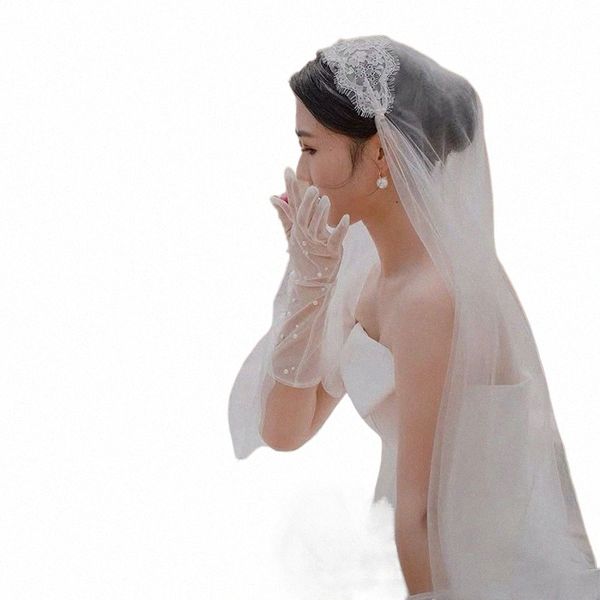 Venta caliente Fingertip White Bridal Veils Aplicado Lace Edge LG Cheap1 Meder Dos capas Fotos reales Accesorios de boda N9EJ#