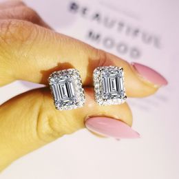 Hot Koop Groothandel Mode-sieraden Princess Cut White Topaz CZ Diamond Gemstones Party Girl's Women Wedding Stud Earring Gift
