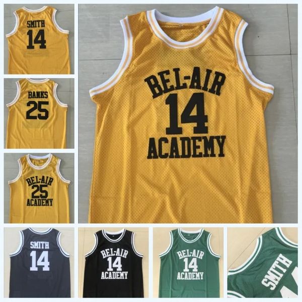 Venta caliente Will Smith 14 BEL-AIR Academy Jersey 25 Carlton Banks BEL-AIR Academy Movie Basketball Jersey Doble cosido Nombre Número Envío rápido