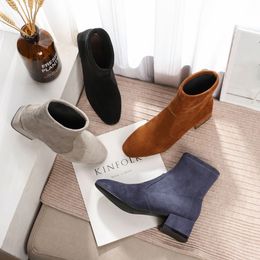 Hot Sale-Winter Boots Vrouwen Warm Pluche Square Med High Heels Faux Suede Leather Flock Enkellaarzen Slip op Snow Boots Schoenen Vrouw Nieuw