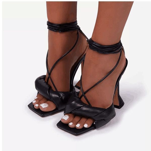 Vente chaude-femme sandales bride à la cheville romaine à lacets noeud blanc noir chaussure femmes talons fins femme bout ouvert chaussures de fête d'été 20211