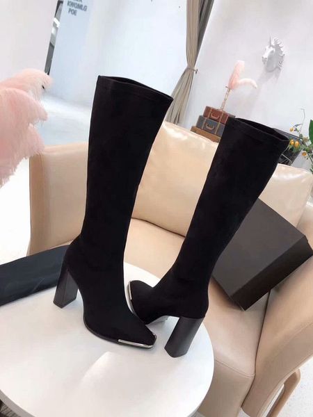 Venta caliente-Mujeres otoño invierno Cuadrado Tacones altos botas largas Fiesta de moda sexy Diseñador de la marca botas altas hasta el muslo Chaussure Homme tamaño 34-41