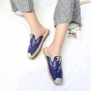 Vente chaude-femmes chaussures de chanvre brodées à la main paille pêcheur appartements femme lin Flamingo broderie toile chaussures lin