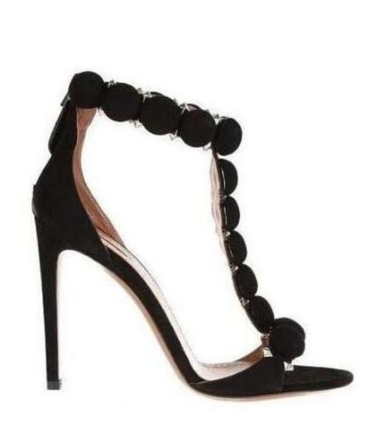 Vente chaude - Femmes Mode Pom Pom Sandales En Daim En Cuir Talons Hauts Noir Vin Rouge Bride À La Cheville Stilettos Élégants Femmes Talons De Bal / Fête