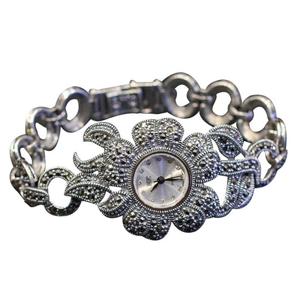 Femmes Fleur Style Pave Marcassite 925 Montres-bracelets en argent sterling eal Bracelet en argent Montres Bracelet en argent réel T200420