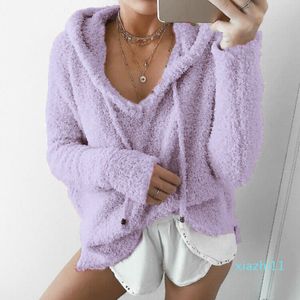 Vendita calda Donne Fluffy Mohair Felpe con cappuccio Inverno Primavera Caldo Solido Morbido pile Felpe larghe Casual Coulisse con scollo a V Pullover Tuta